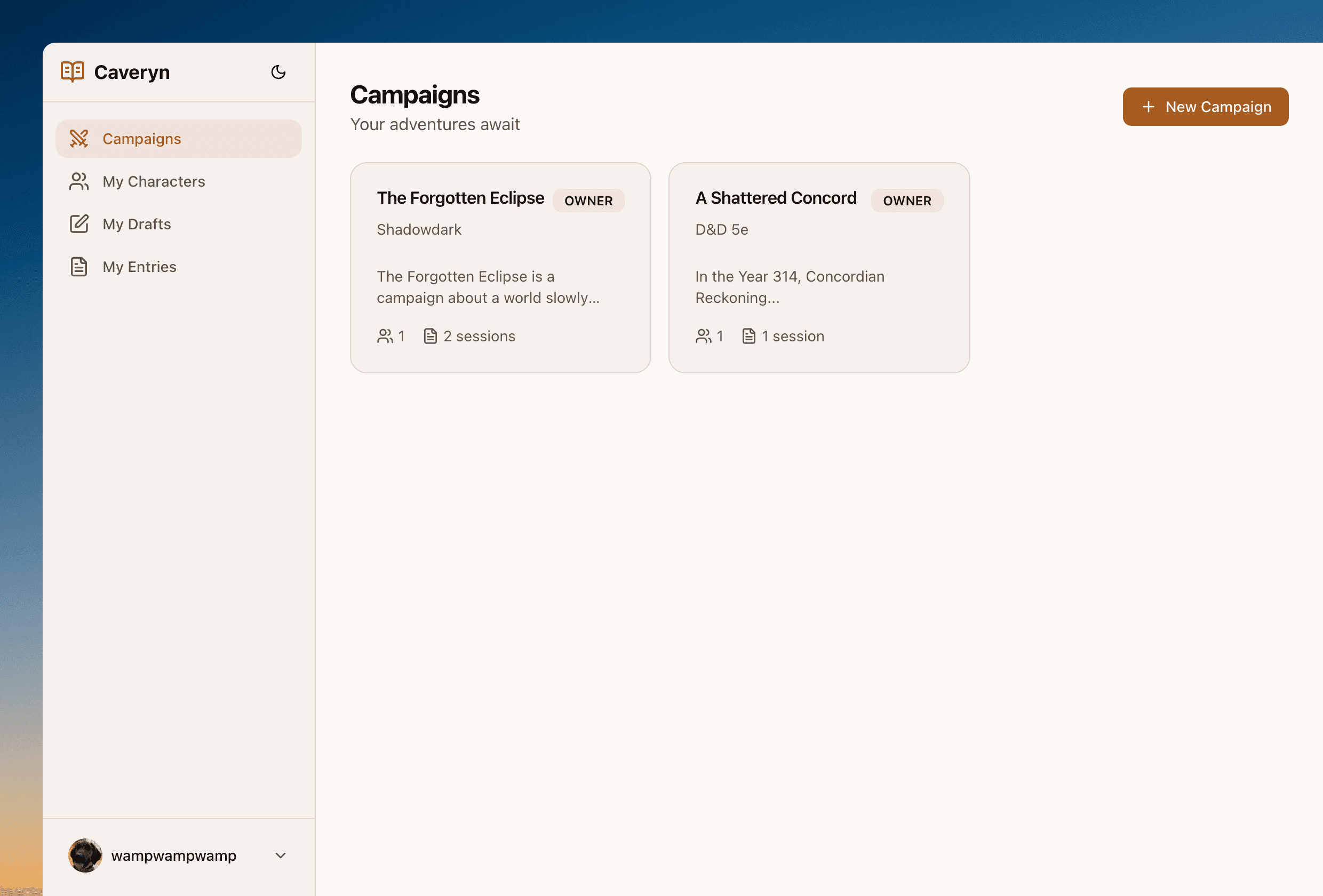 Caveryn campaigns list showing multiple tabletop RPG campaigns