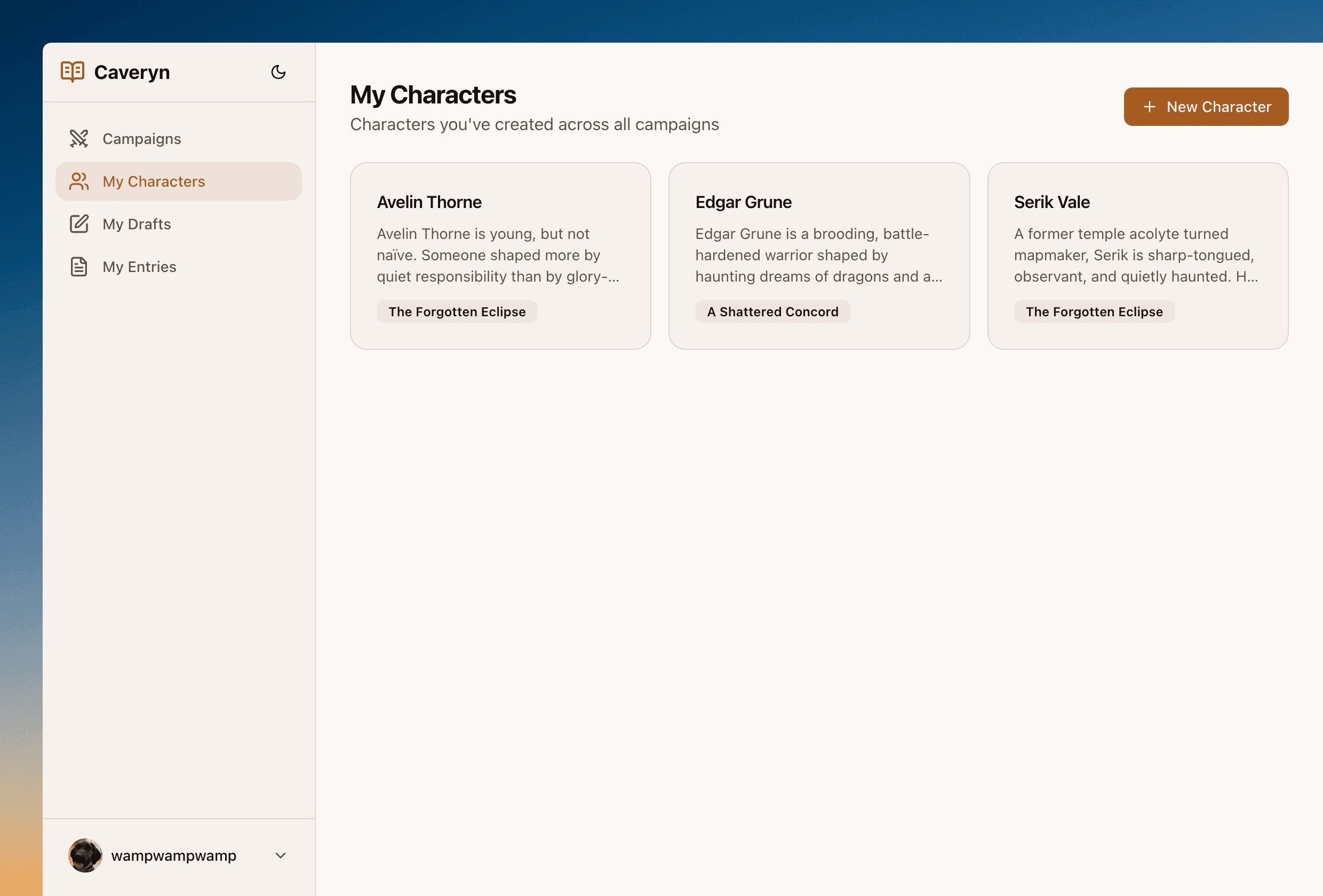 Caveryn character journal entries written from a character's perspective