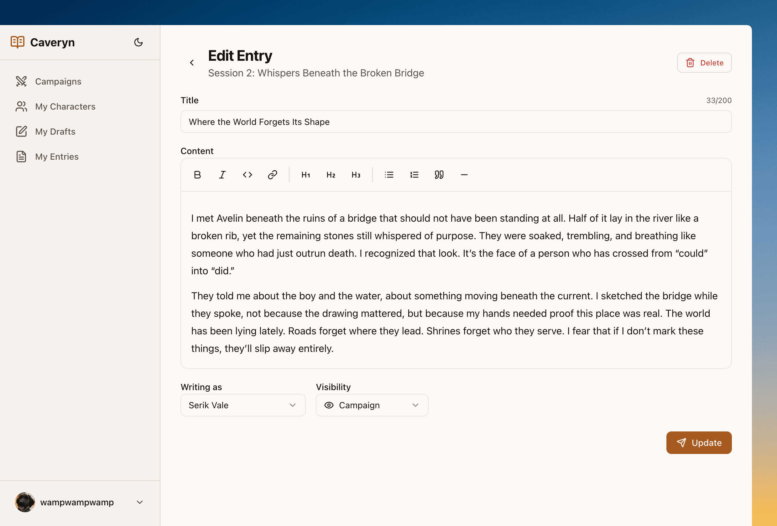 Caveryn journal entry editor with rich text formatting